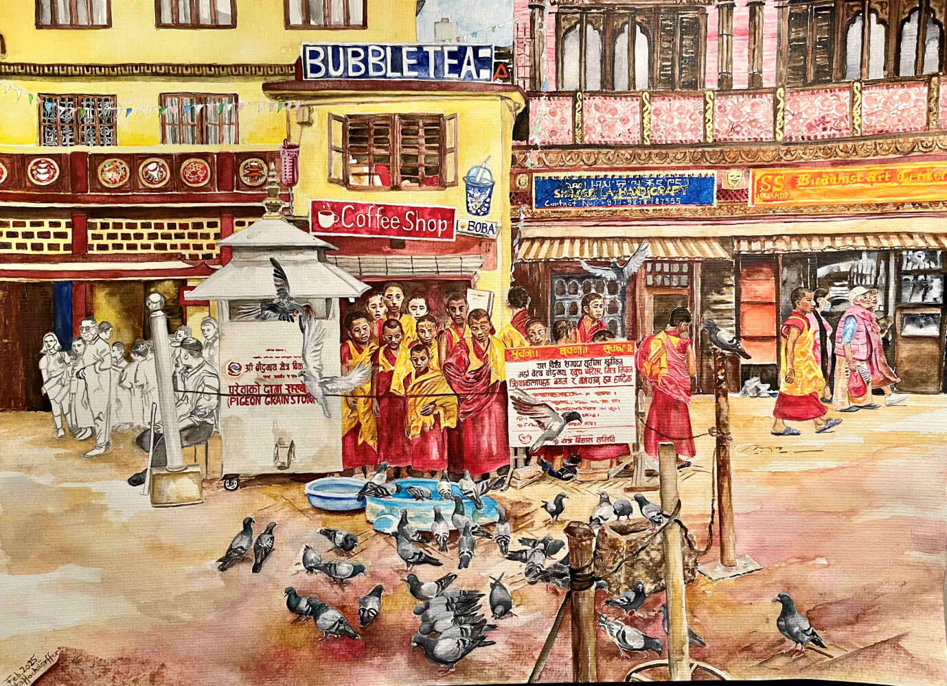 Gem&auml;lde in Mischtechnik &bdquo;Taubenf&uuml;tterplatz Kathmandu&ldquo; von Jutta Hochd&ouml;rffer