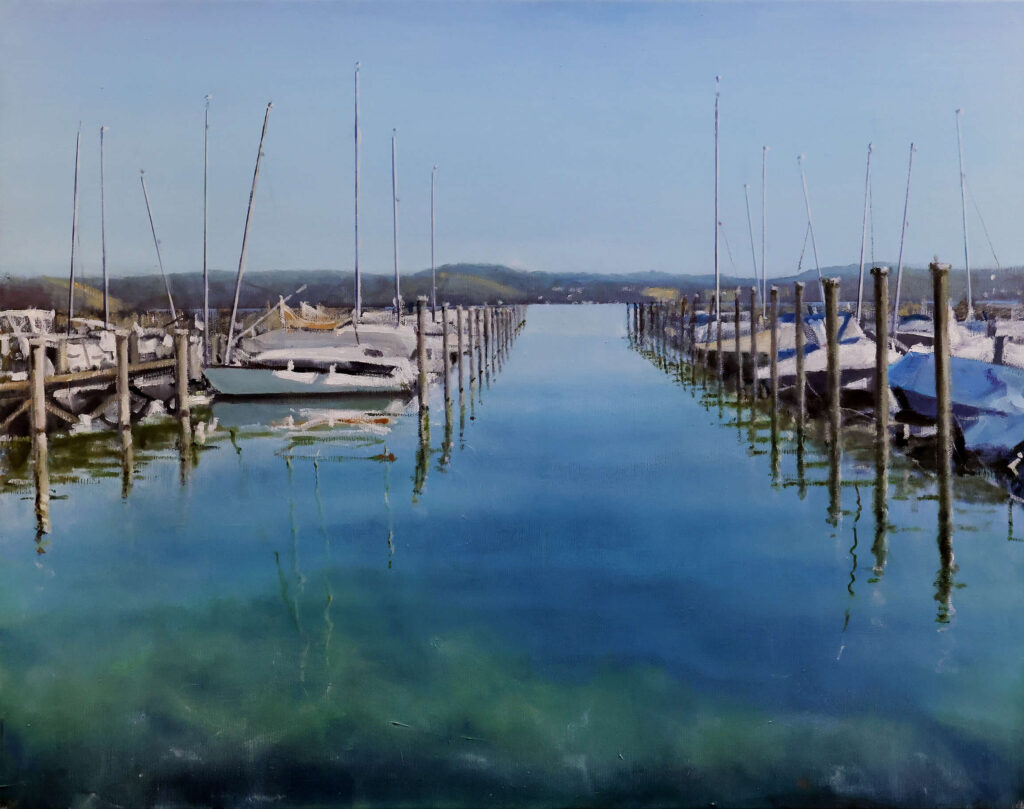 Ölgemälde „Jachthafen Insel Reichenau“ von Kurt Boecker